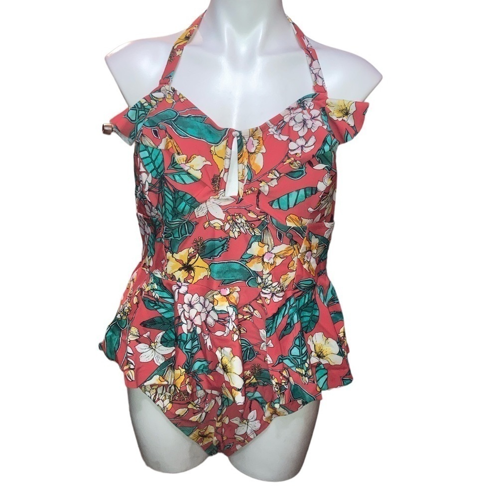 FOREVER 21 women’s plus 3X pink green floral peplum one piece bathing suit